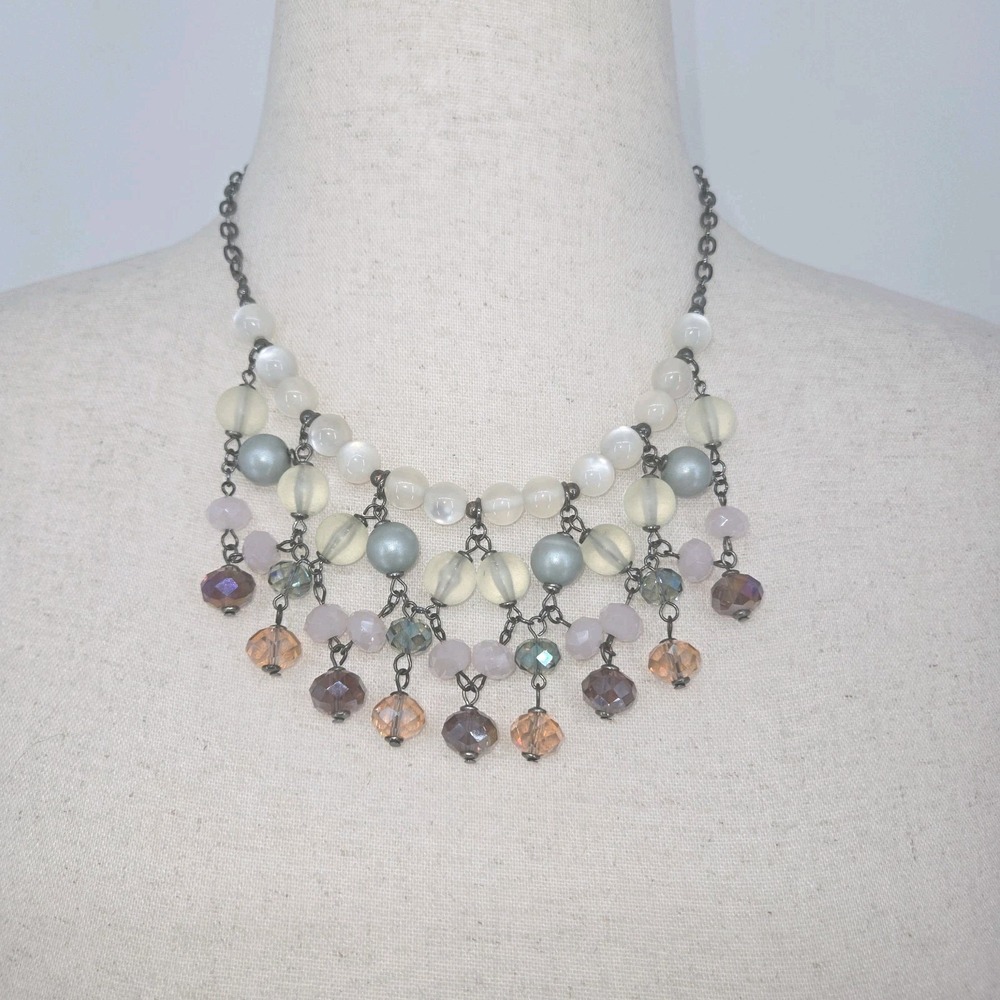 Multi Strand Beaded Bib Necklace Faux Pearl Crystal Gunmetal Statement Boho 20"
